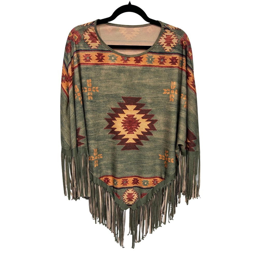 Southwestern Aztec Fringe Poncho Tunic Sage Green Earth Tone Top Santa Fe XL/XXL